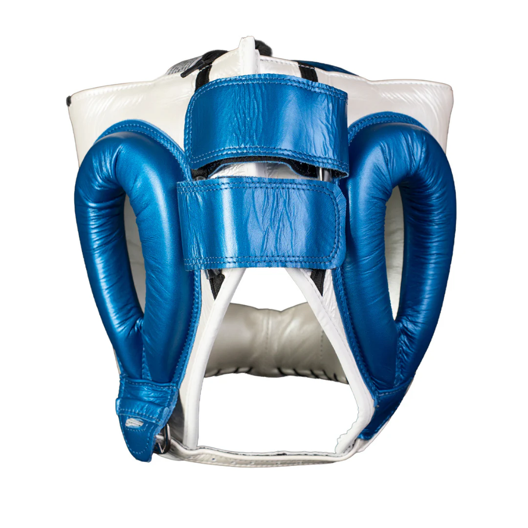 PROTECTOR DE CABEZA TRADICIONAL EN PIEL DE RES PERLA/AZUL METALICO - Image 3