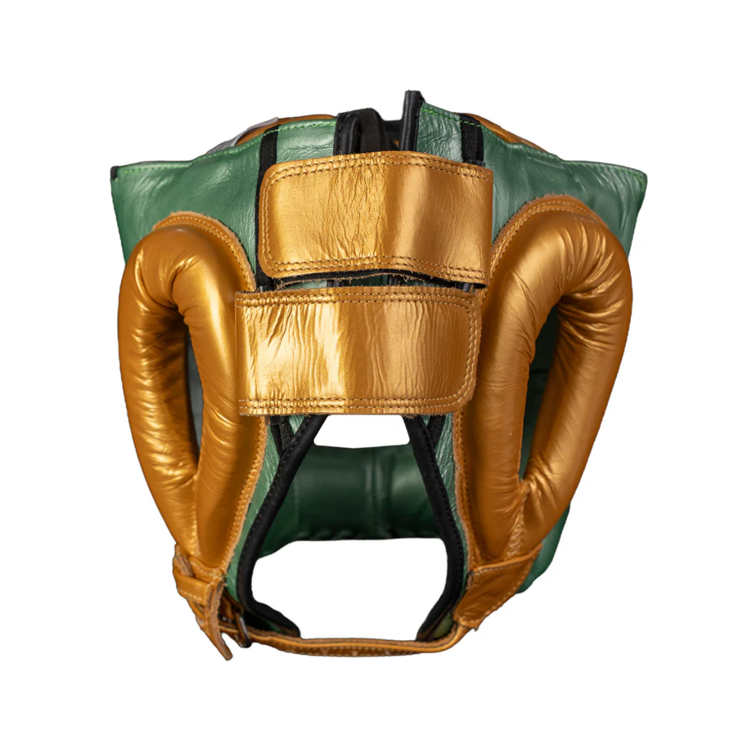 PROTECTOR DE CABEZA TRADICIONAL EN PIEL DE RES VERDE METALICO/DORADO, WBC - Image 3